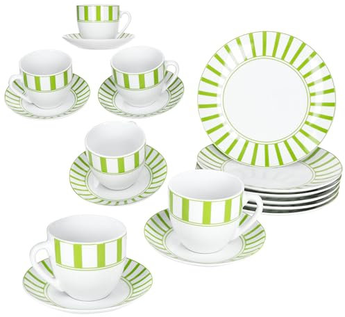 MamboCat Split Green Service à café 18 pièces I Vaisselle en porcelaine blanche à rayures pour 6 personnes I 6 tasses de 200 ml, soucoupes et assiettes pour petit-déjeuner et café