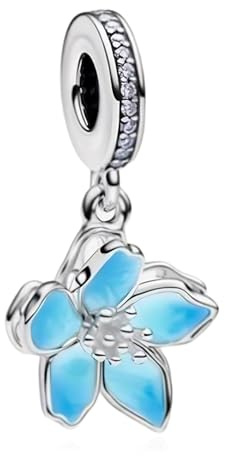 LaMenars Colgantes de Abalorios Blue Blossom Dangle Charms Originales Plata de Ley 925 con Circonita Cúbica para Pandora & Europeo Pulseras Brazaletes Collares para Mujer