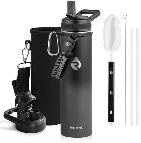RAYMYLO Insulated Water Bottle 24oz, Triple Wall Vacuum Stainless Steel (Cold for 48 Hrs, Hot for 24Hrs), Leak Proof & Non-BPA, 24oz Hydro Water Flask with Paracord Handle & Straw Spout Lids