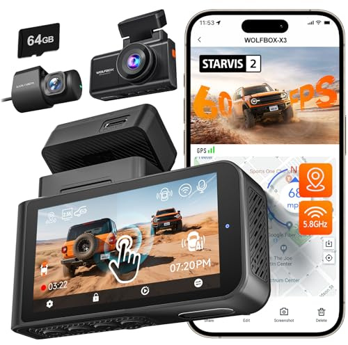 WOLFBOX X3 2.5K 60FPS Dashcam för bil, STARVIS 2 IMX675 med ADAS, 2.5K+1080P Dubbel Dashcam för bil fram och bak, Integrerat 5.8GHz WiFi och GPS, Gratis 64GB-kort, Pekskärm, G-sensor, Loopinspelning
