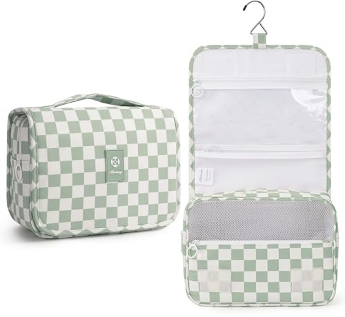 Narwey Hanging Toiletry Bag, Toiletry Bags for Women, Travel Toiletry Wash Bag Women, Toiletries Bag Washbag Makeup Bag Cosmetic Make up Organizer for Essentials (Mint Green Checkerboard)