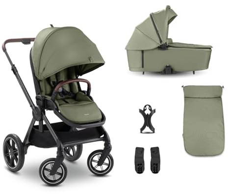 hauck Comfort N Care Set Cochecito 2in1 | Carrito Bebé desde Nacimiento hasta 22 kg - Capazo XL - Ruedas de Goma con Suspensión - Silla de Paseo Ligera Reversible y Reclinable - con Adaptador - Oliva