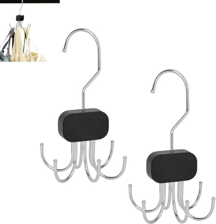 2 Pcs Belt Hanger For Wardrobe Set,360° Rotatable Portable Tie Hanger For Wardrobe Belt Storage With 6 Hooks Tie Bra Storage For Tank Top Scarf Hat Purse (Black)