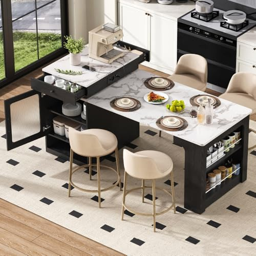 Wyibwy mobile Isola da cucina 71(151) x80x92 cm,tavolo da pranzo estensibile con piano rimovibile,tavolo da bar con presa multipla, isola cucina su ruote per sala da pranzo(Bianco+Nero)