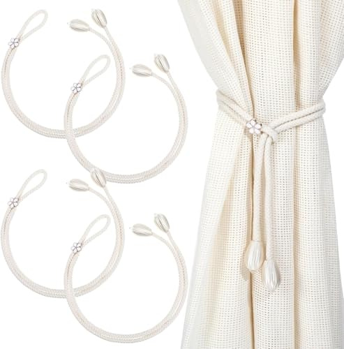 QHFlashbuy Alzapaños Cortinas Rusticas,4 Piezas Sujeta Cortinas Trenzadas a Mano en Cuerda de Algodón,Cuerdas para Cortinas Ajustables,Algodón y Cáñamo Curtain Tiebacks para Dormitorios