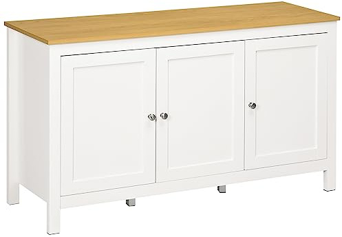 HOMCOM Credenza Cucina con 3 Ante, Mobile Cucina Moderno con Ripiano Regolabile, Credenza Buffet per Soggiorno, Sala da Pranzo e Salotto, 120x40x70 cm, Bianco e Color Legno