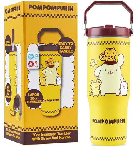 Get Trend Hello Kitty Pompompurin Tazza Termica con Manico e Cannuccia 850ml, Borraccia Termica Acciaio Inox Doppia Parete Senza BPA, Mantiene Freddo 12h e Caldo 5h (Giallo Pompompurin)