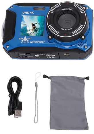 RASTKY Cámara Subacuática 4K, Fotografía de 64 MP, Tiempo de Funcionamiento de 120 Min, Memoria de 128 GB, Pantalla Frontal y Trasera, Material ABS, Cámara con Zoom de 16X para BU