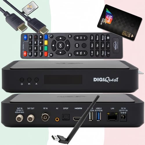 DigiQuest Q99 Récepteur satellite 4K UHD avec carte TiVuSat noire + clé WiFi – Italien TV Rai Mediaset LA7, DVB-S2/T2, HEVC HDR, PVR Ready, LAN, USB, récepteur certifié + câble HTS e-com HDMI
