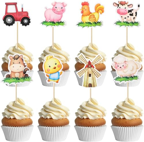 32 Pezzi Compleanno Fattoria, Topper Cupcake Fattoria, Decorazioni Torta Fattorie, Adatto per Feste di Compleanno per Bambini, Feste a Tema Animali E Festes per Il Rientro a Scuola