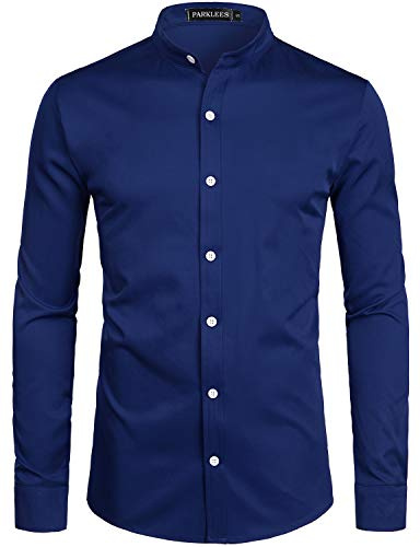 PARKLEES Men's Slim Fit Casual Band Collar Shirts | Business, Adult, Formal, Long Sleeve, Button Up, with Pocket