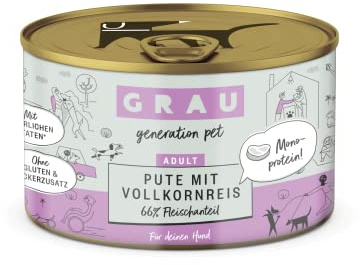 GRAU Våtfoder med kalkon och fullkornsris för vuxna hundar, monoprotein, glutenfritt, originalprodukt, 6-pack (6 x 200 g)