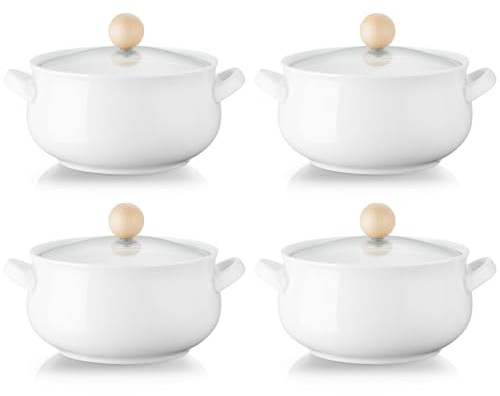 ALELION Small French Onion Soup Bowls, 16 OZ Soup Crocks with Double Handles and Glass Lids, Oven Safe Soup Bowls for Stew Chili Cheese Pot Pie Casseroles, Set of 4, White