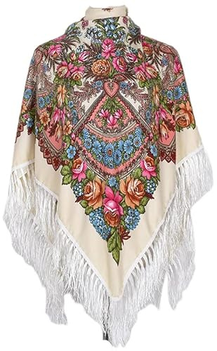 AUDME Russian Babushka Women's Scarf Shawl Wrap Oversized Traditional Retro Ukraine Style Printed tassels Square Scarfs（53inx53in