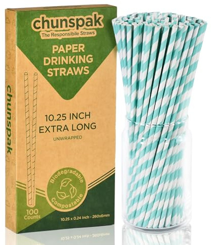 Lives on Green Lot de 100 pailles jetables en papier bleu clair extra longues 26 x 0,6 cm pour grandes boissons, fêtes prénatales, anniversaires