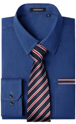 HISDERN Camicia Blu Navy Uomo Manica Lunga Classico Matrimonio attività Camicie con Cravatta Regolare Fit 3XL
