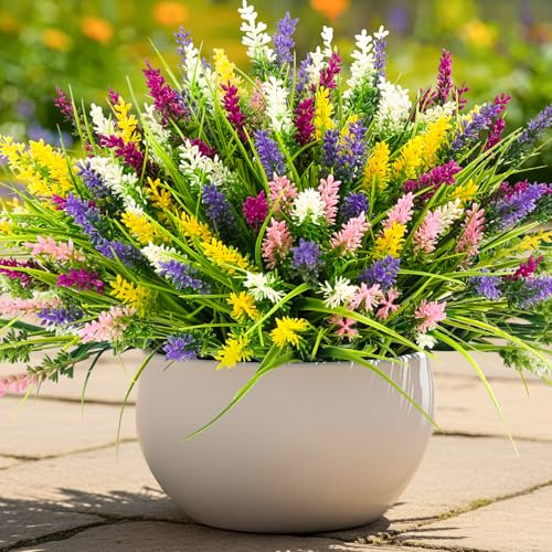 N&T NIETING 10 Bundles Artificial Plants Outdoor Fake Monkey Grass with Flowers Faux Greenery for Pot Garden Verandah Decor Window Patio Hanging Planter Pathway Front Porch (Mix Color)