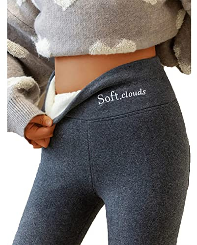 Bpoeee Soft Clouds Fleece Casual Leggings for Women, Warm Solid Pants (Deep Gray,M)
