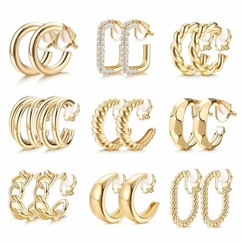 YADOCA 9 par guldklämmor örhängen dam allergivänliga 14K guldpläterade guld chunky creoler öronclips utan öronhål clips örhängen set modesmycke gåva