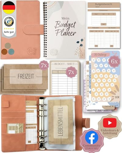 BeginnerBudget® Budget Planner Deutsch, Sparbuch für Geld & Haushaltsbuch mit Geld Sparen Challenge (144 Seiten), Umschlagmethode, Anleitung & Spar-Challenges, Ringbuch A6, vegan Wildleder (Rosa)