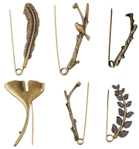 Hobbspring 6 piezas extra grandes decorativos de moda imperdibles de seguridad 6 estilos vintage broches de aleación robustos retro broches con ramas de árbol Pin de solapa para vestidos faldas