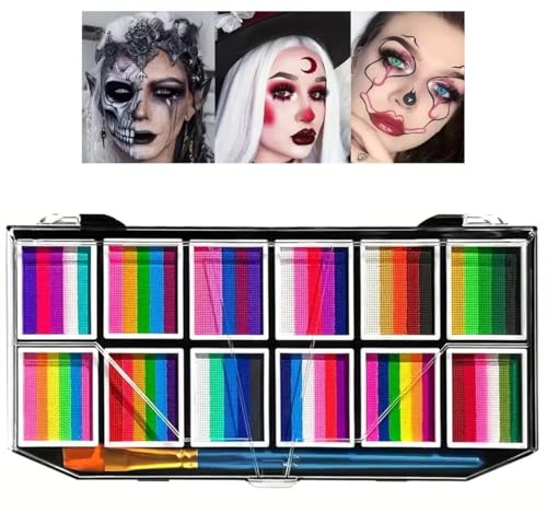 12 Colors Face Body Paint Palette,Split Cake Face Paint Palette FX Makeup, Water Activated Non Toxic Rainbow Body Painting with Brush for Halloween Makeup,Festivals & Events