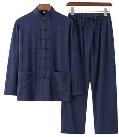 DAYKET Uniforme da Uomo Tai Chi, Tuta Tradizionale Cinese per Arti Marziali in Cotone e Lino Kung Fu Tangzhuang, Set Top a Maniche Lunghe + Pantaloni,Blue-5XL