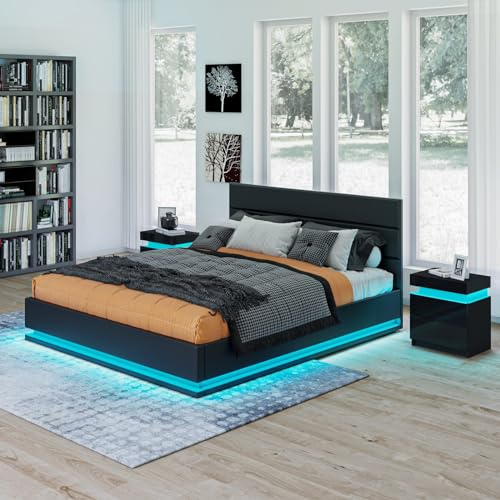 Komtopod Ottoman Bed with Faux Leather, 4ft Small Double Gas Lift Up Bed Frame with Underbed Storage, LED-Light Strips, Black Bed Frame for Bedroom Home