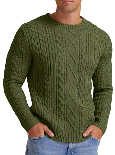 Hisir Jersey de punto para hombre de invierno, grueso, de cable, casual, cuello redondo, cálido, clásico, de manga larga, jersey de punto, suéter, para hombres, Verde militar., L