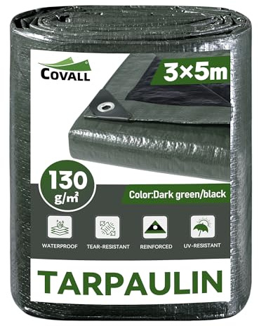 Covall bâche Moyenne Camping Sol Tapis 3x5m 130g/m² (Vert Armée/Noir) Tente Résistante aux UV Couverture Extérieure Piscine Toit Bac à Sable Bateau RV Voiture Housse de Protection