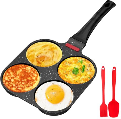 Traxenta poele a pancakes, antiadhésive en aluminium pour poêle à pancake à 4 trous, appareil pancake avec Brosse à Huile de Silicone, pour petit-déjeuner oeuf, pour Cuisinière à Gaz (Noir)