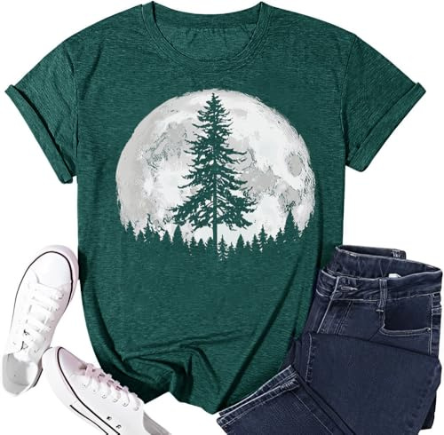 Moon Shirts for Women Fashion Forest Graphic Print Adventure T Shirts Summer Basic Short Sleeve Boho Hippie Tee Tops(Green M)