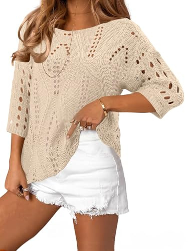 KISSMODA Womens Crochet Hollow Out Knit Tops Half Sleeve Sweaters Beach Cover Ups Trendy Mesh Boho Swimsuits Coverup Ladies Summer Swimwear Bathing Suit