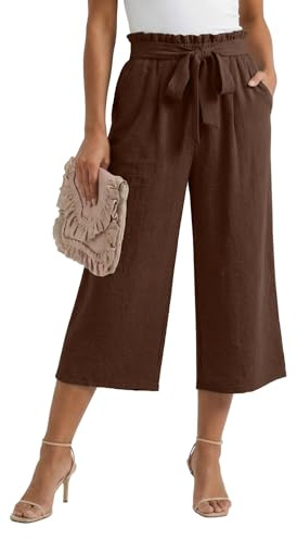 PrinStory Women Wide Leg Trouser Elasticated High Waist Palazzo Trouser Lightweight Capri Pant Summer Causal Pant with Pockets