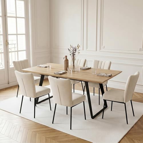 JIEXI Extendable Dining Table and 6 Chairs Set, 130-170 cm MDF Rectangular Kitchen Table with Metal Legs, Beige Flannel Chairs for Dining Room, Apartment