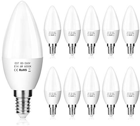 ZIKEY E14 LED 6W Kerze Glühbirne, 600 lm, 6000K Kaltweiß, Ersetzt 50W Lampe, C37 LED Leuchtmittel, Kleine Edison Schraube | Nicht dimmbar, 10er Pack