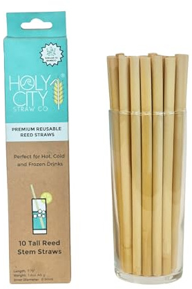 Reed Stem Straws | Tall | 10ct. | 7-9mm diameter | Similar to Bamboo |100% Plant-Based, Certified Compostable | Great for Smoothies, Milkshakes, Frozen & Signature Cocktails