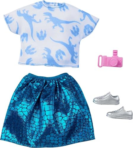 Barbie Jurassic World GRD48 Pack Look de Moda, Falda Brillante Turquesa con Camisa, Zapatos y Cámara, Zapatos y Collar Multicolor
