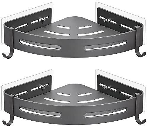 GRICOL Estante Ducha Sin Taladro Esquina Estanteria Baño con 4 Ganchos Metal Estantería Ducha Organizador Ducha 2 Piezas Gris