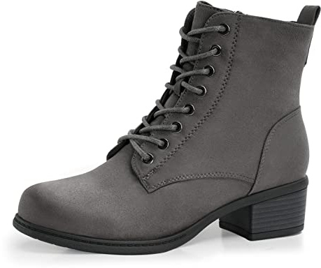 VJH confort Women's Fashion Ankle Boots Low Heels Chunky Lace-up Combat Bootie with Side Zipper(GERY, 9)