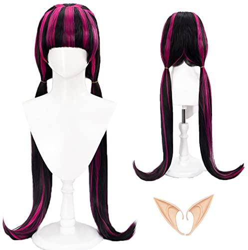 Perruque de cosplay rose mélangé avec frange, oreilles d'elfe et filet de perruque gratuit – 80 cm perruque en fibre synthétique résistante à la chaleur pour Halloween, soirées à thème et fans d'anime