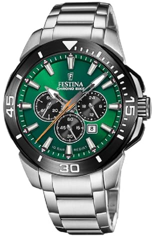 FESTINA Reloj Hombre Analógico de Acero Inoxidable 316l Plateado - Movimiento de Cuarzo - Cronógrafo - Calendario - Cristal Mineral de Alta Resistencia - Resistente al Agua 10 ATM F20641/A Chrono Bike