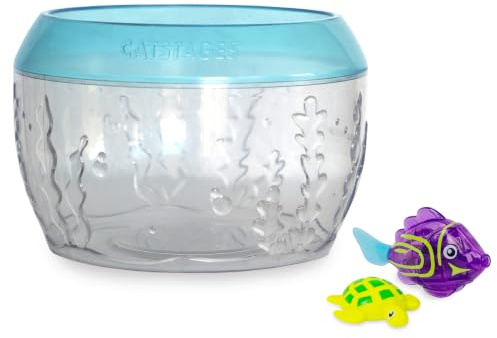 Catstages Meow-smerizing Fish Bowl for Cats with Two Water Cat Toys, Electronic Swimming Fish and Floating Turtle Included, Blue