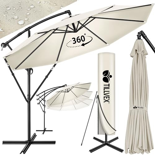 tillvex Alu Sonnenschirm + Abdeckung Ø 350 cm mit Kurbel | Ampelschirm mit Ständer & Windschutz | Gartenschirm UV-Schutz Aluminium | Kurbelschirm Marktschirm wasserdicht 360° drehbar Beige