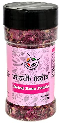 Shudh India 100% Pure Dried Rose Petals, 1oz (28g), Edible Organic Gulab Leaves For Tea, Baking, Garnishing, Skincare, DIY, Strong Aroma, Food Grade, No Added Preservatives, 100% Natural, Large Whole Flakes