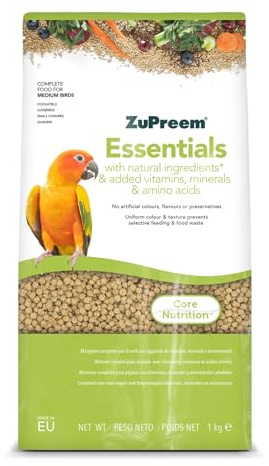 Zupreem Essentials Aliment pour Oiseaux de Compagnie – Ingrédients naturels – Aliment pour Oiseaux indiqué pour inséparables, cacatoès NINFA, corras argentins et Autres Oiseaux Moyens – 1 kg
