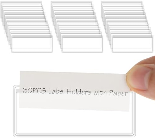 Thinp 30 Pcs Self Adhesive Label Holders,Adhesive Label Pockets with Blank Index Card 3 X 1.3 Inch Clear Adhesive Pockets Shelf Labels Plastic Label Holders for Storage Organizer Bookshelf Bin Mailbox