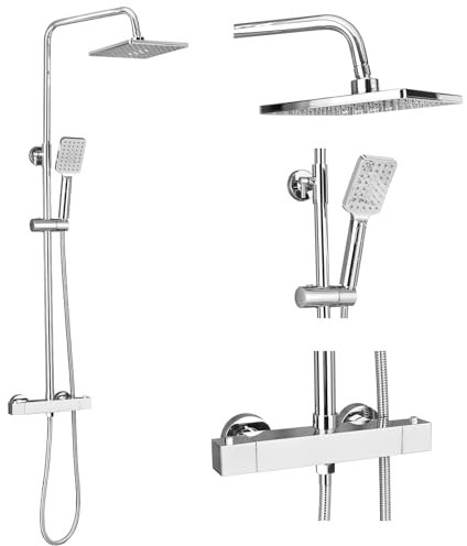 ROWINNAO Thermostatic Shower Mixer Set Chrome, 21cm Square Overhead Rainfall Shower Head, 3 Jet Types Handheld Shower, Height Adjustable Shower Set, Thermostatic Shower System Anti-Scalding