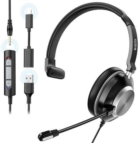 Voistek Monoauricular con Micrófono, USB/3.5mm, Sonido Claro y Supresión de Ruido, Ajustable, para PC y Portátil, Ideal para Oficina, Centros de Llamadas, Skype, Zoom y Cursos Online