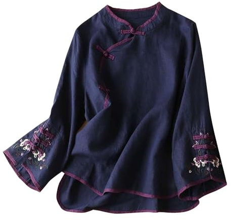 cfpqv Blusa de traje tradicional china para mujer, bordado de algodón, lino, campana, manga larga, botones de rana, blusas cheongsam rojas para mujer